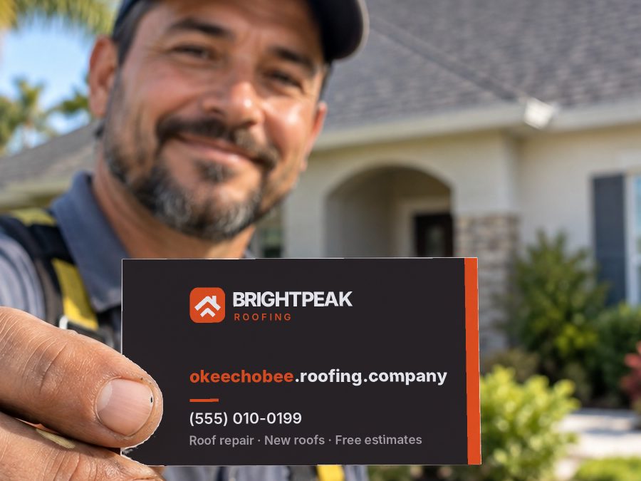 okeechobee.roofing.company on a roofer's business card
