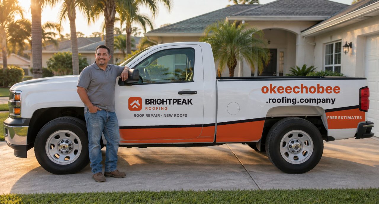 okeechobee.roofing.company painted on the side of a white work truck