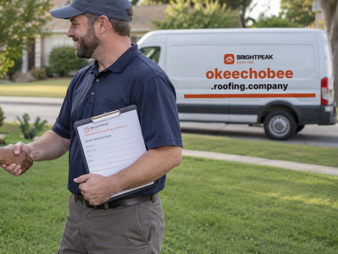 okeechobee.roofing.company on a roofing van and an inspection form